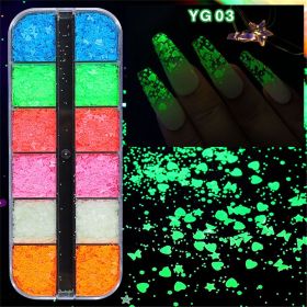 1Box New manicure night light sequins butterfly love pentagram sequins long strip 12 grid boxed ultra-thin luminous sequins mixed nail accessories (design: YG03)