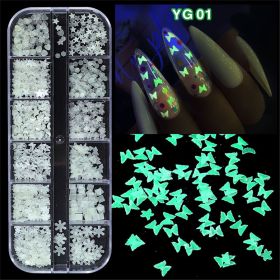 1Box New manicure night light sequins butterfly love pentagram sequins long strip 12 grid boxed ultra-thin luminous sequins mixed nail accessories (design: YG01)